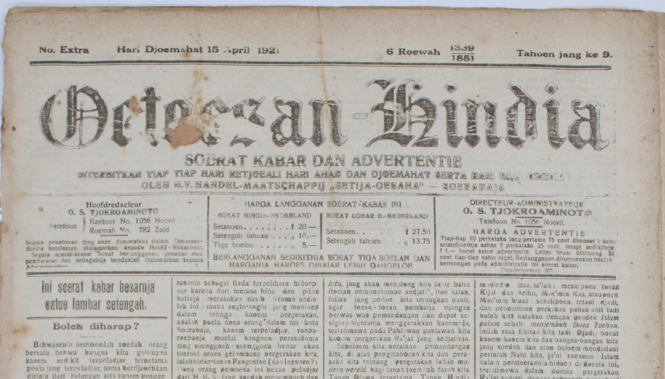 Kilas Balik Koran Otoesan Hindia 15 April 1921, koran pergerakan pemuda di Surabaya